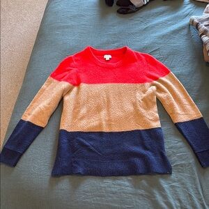 Red and Tan Color Block Crew Neck Sweater